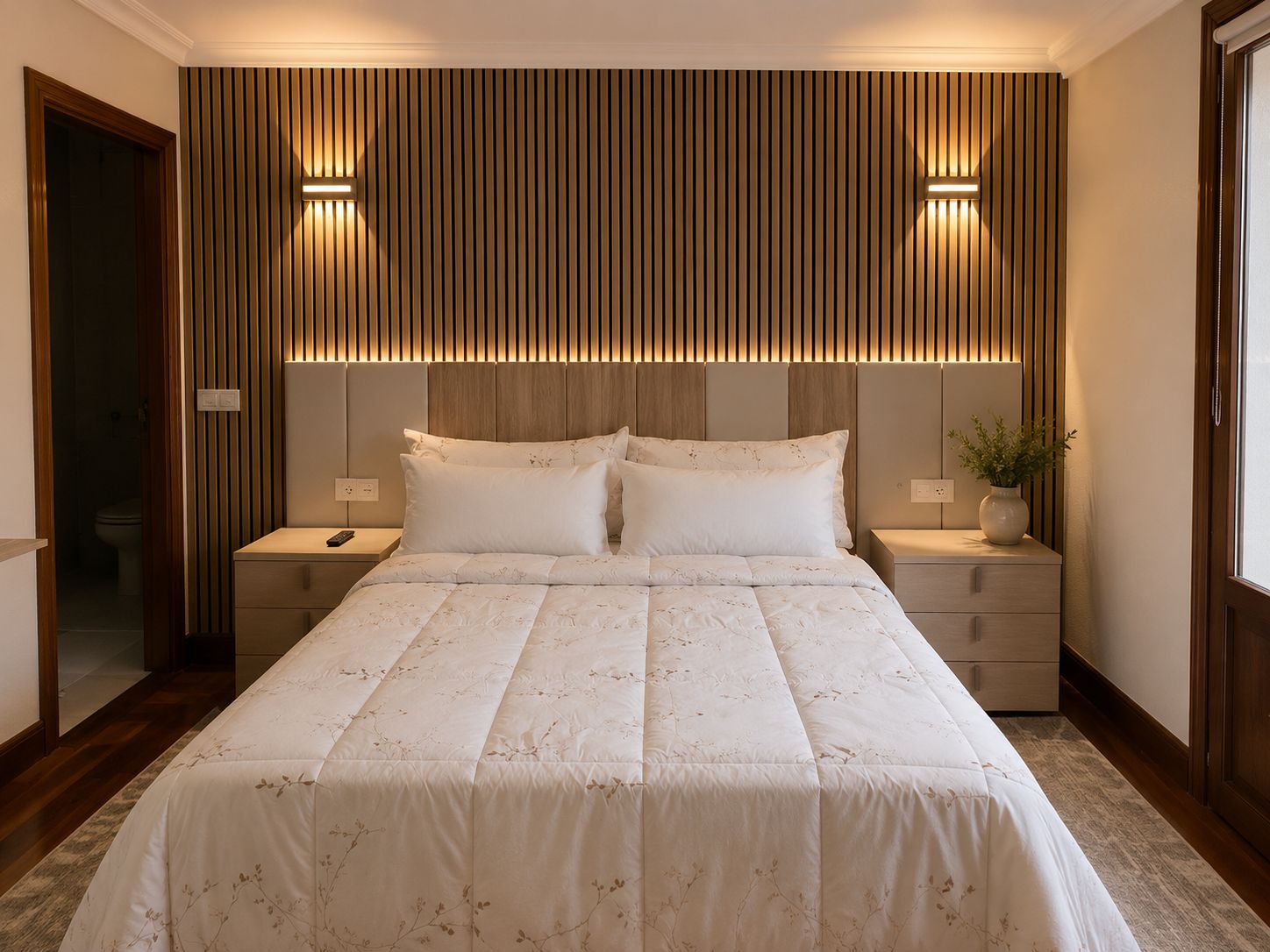 Habitación de hotel con una cama grande, dos mesitas de noche, una lámpara de pared y una planta en maceta.
