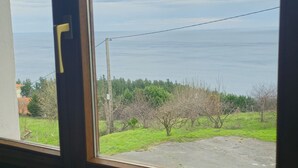 Una ventana con vista a un cielo nublado y una masa de agua distante.