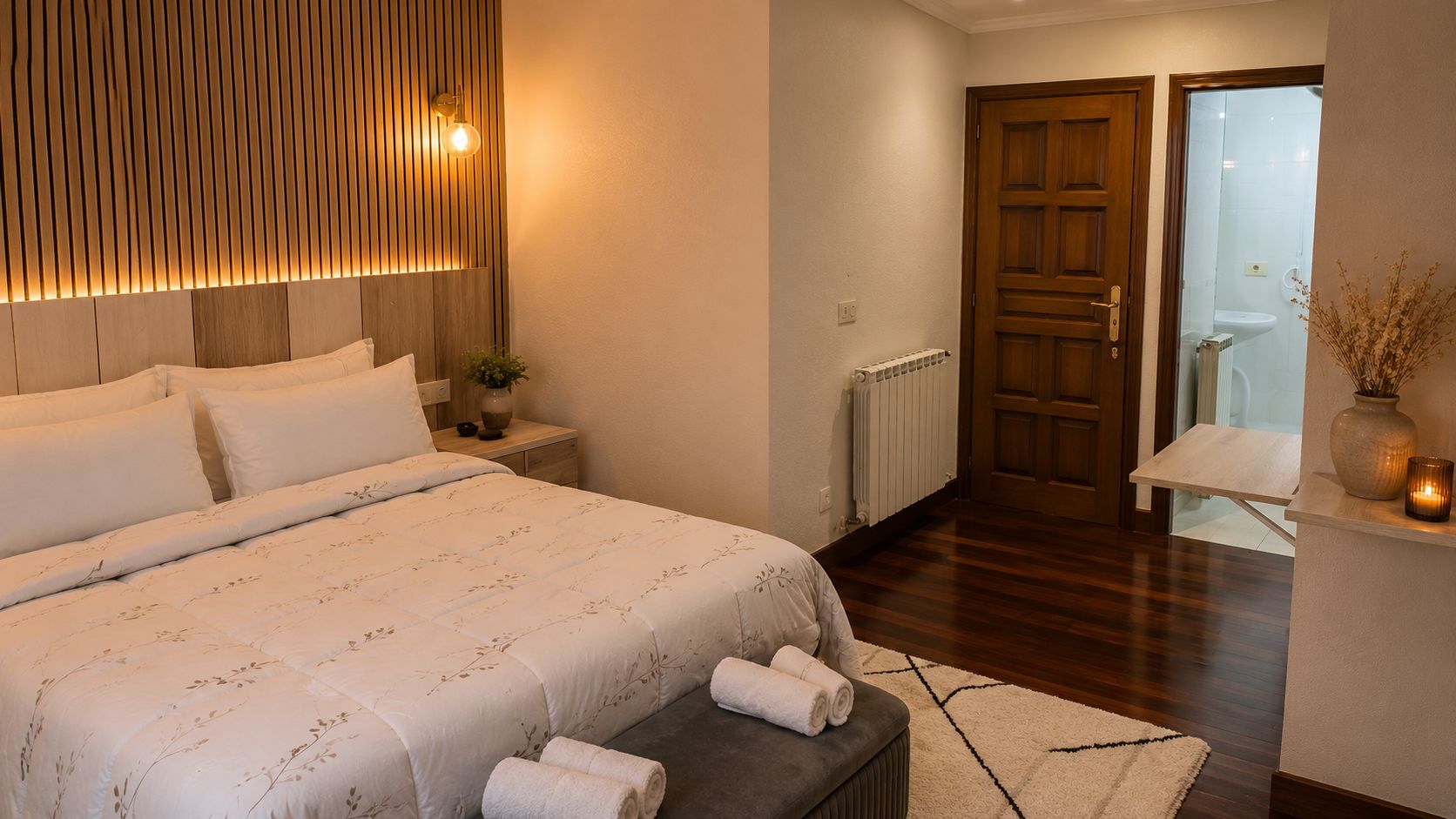 A bedroom with a bed, bedside table, and a view of a bathroom through an open door.