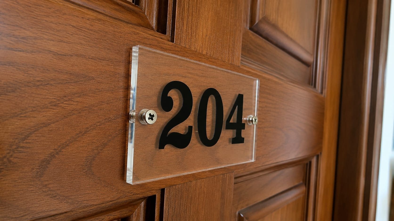 A wooden door with a clear number plate displaying the number 204.