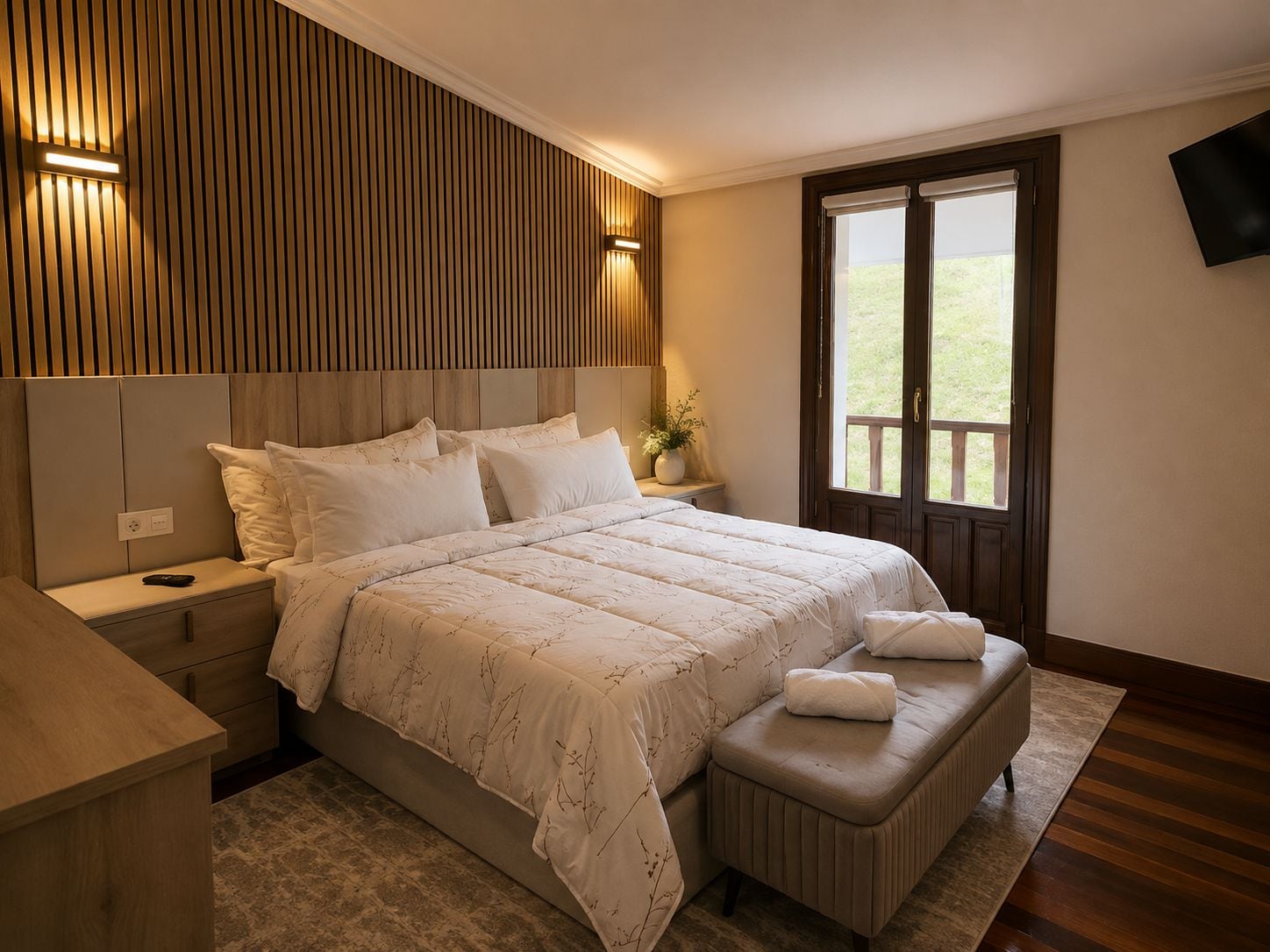 Une chambre à coucher avec un grand lit, des tables de chevet, un banc, une télévision et une fenêtre donnant sur un beau paysage.
