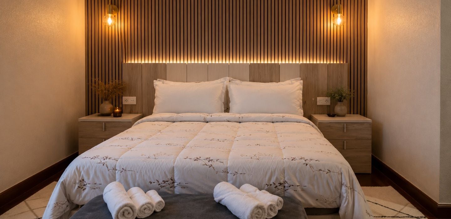 Una cama bien tendida con cubrecama floral, dos mesitas de noche con lámparas y toallas enrolladas en el suelo.