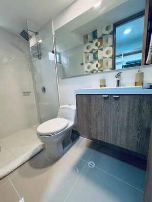 Shower, hair dryer, towels, toilet paper