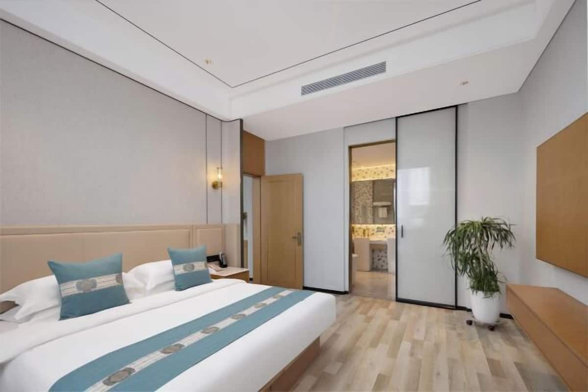 A modern hotel room with a large bed, a bedside table, a nightstand, a potted plant, and a sliding door leading to a bathroom.