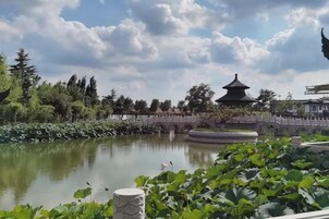 Un estanque tranquilo con flores de loto, una pagoda y un puente de piedra.