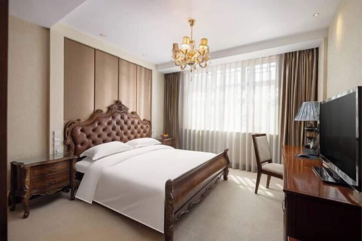 A hotel room with a large bed, a television, a desk, and a chair.