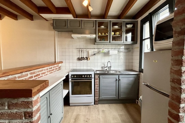 Fridge, microwave, oven, coffee/tea maker