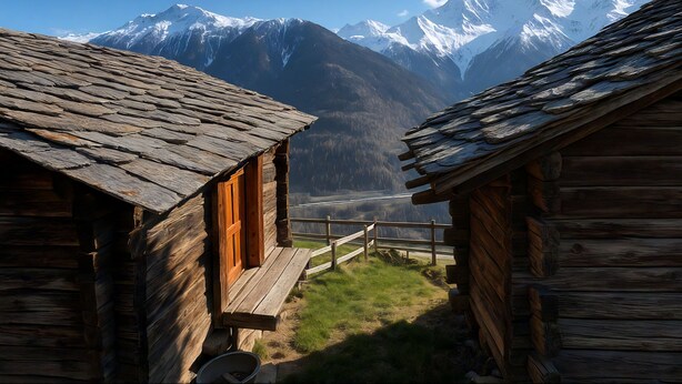 A wooden cabin with a wooden deck and a view of snow-capped mountains in the background.