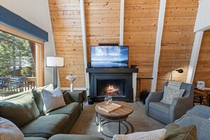 Smart TV, fireplace, books, printers