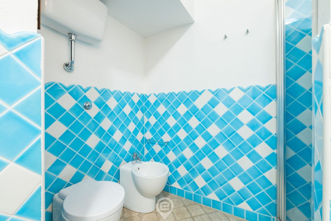 Un baño con pared de azulejos azul con diseño de diamantes, un inodoro blanco y un bidé.