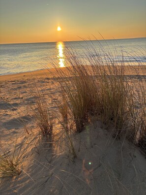 A beach with sand and grass in the foreground, and the ocean in the background.