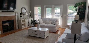 Smart TV, fireplace, video games, DVD player