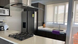 A modern kitchen with a gas stove, stainless steel appliances, and a window overlooking a cityscape. - BEAUTIFUL BEACHFRONT APARTMENT, ACAPULCO COASTLINE ARMANDOS LE CLUB (Acapulco de Juárez)