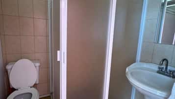 Shower, towels, soap, toilet paper