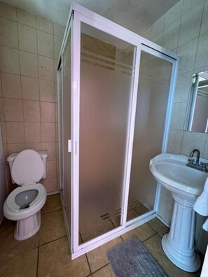 Shower, towels, soap, toilet paper