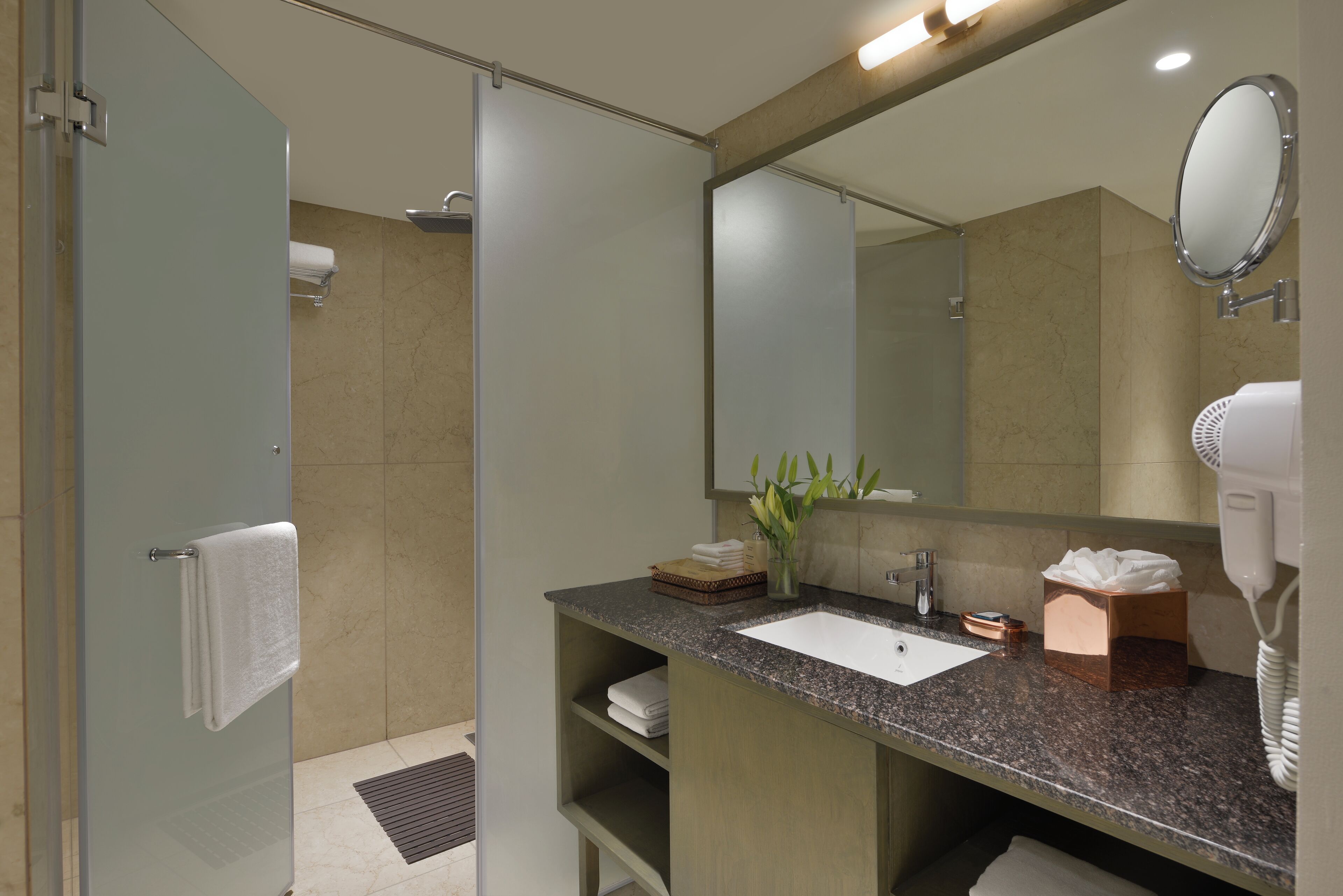A modern bathroom with a glass shower enclosure, a sink with a marble countertop, and a large mirror.