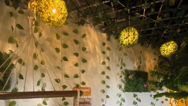 Una habitación con piso a cuadros, plantas colgantes y un cartel con texto.
