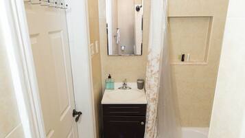 Hair dryer, towels, soap, toilet paper