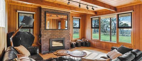 Smart TV, fireplace, books