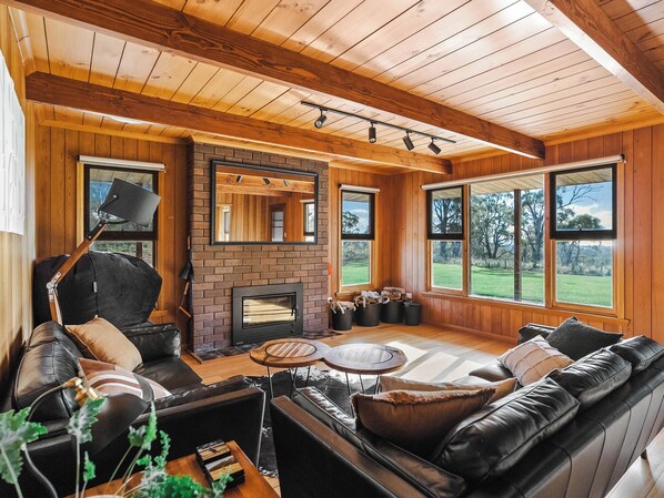 TV connectée, cheminée, livres