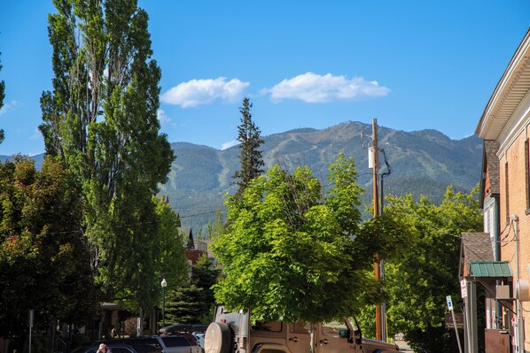 A street view with a mountain in the background, buildings, and trees.