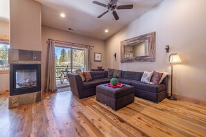 Smart TV, fireplace, books