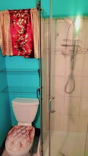 Shower, towels, soap, toilet paper