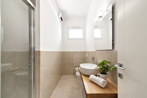 Shower, hair dryer, bidet, towels