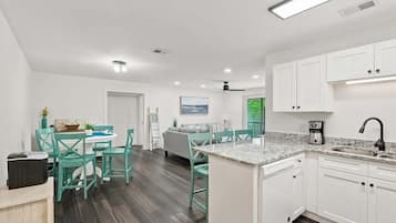 A modern kitchen with white cabinets, a granite countertop, and a built-in dishwasher.