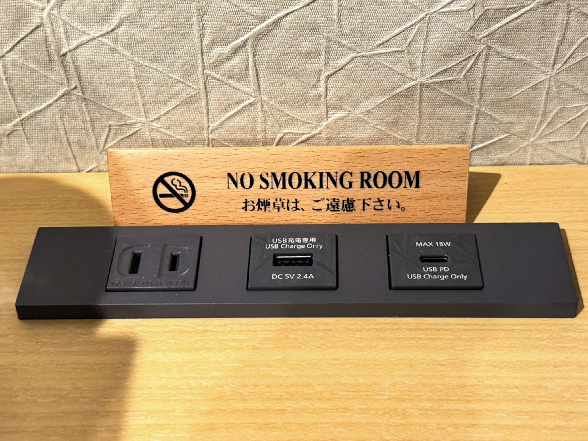 Señal de prohibido fumar y un adaptador con puertos USB.