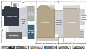 A floor plan of a residential development with various tiny homes and a studio, including shared deck space and outdoor areas. - The Wiedler - Charming Tiny Home - AC, WiFi in the heart of the action! (Portland)