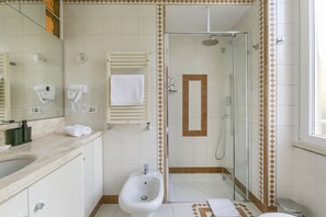 Shower, hair dryer, bidet, towels