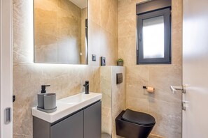 A modern bathroom with a vanity, a toilet, and a shower area.