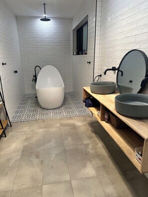 Hair dryer, towels, soap, toilet paper