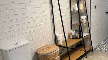 Hair dryer, towels, soap, toilet paper