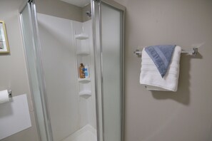 Shower, hair dryer, towels, soap
