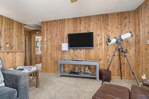 TV, fireplace, books, offices