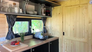 Eine kleine Küche mit Spüle, einem fensterbepflanzten Fenster und einem Holzschrank.