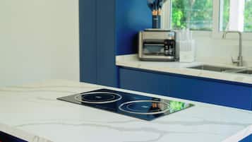 Loft de lujo, vista al jardín | Cocina privada | Refrigerador con congelador, microondas, horno y parrilla de estufa