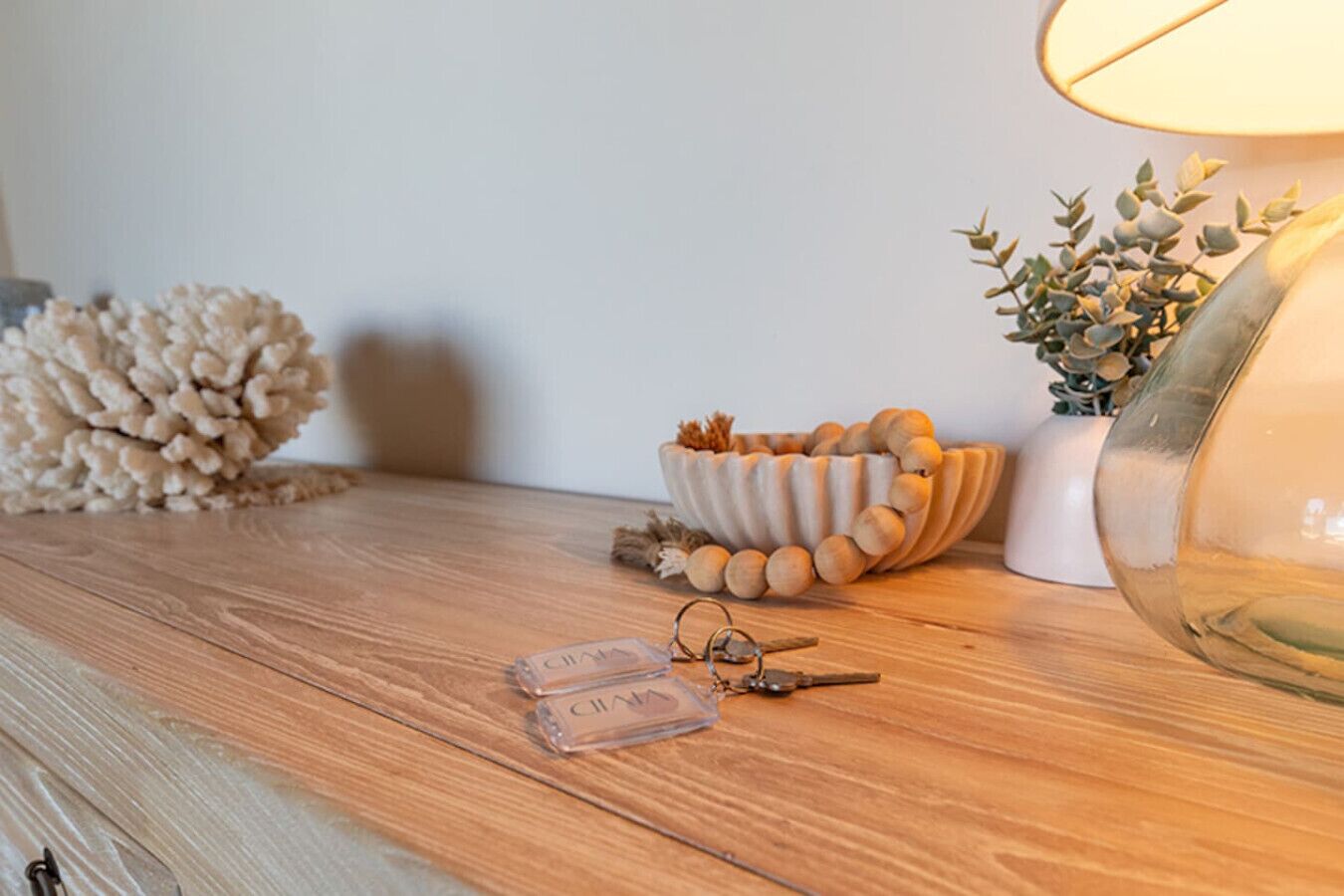 A wooden table with a decorative bowl, a lamp, and a small plant.