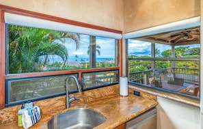 A kitchen with a large window, a stainless steel sink, and a view of a lush landscape.