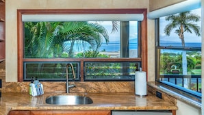 Una cocina con un amplio ventanal, un lavamanos de acero inoxidable y un lavavajillas.