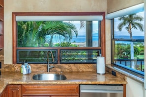 A kitchen with a large window, a stainless steel sink, and a dishwashing machine.