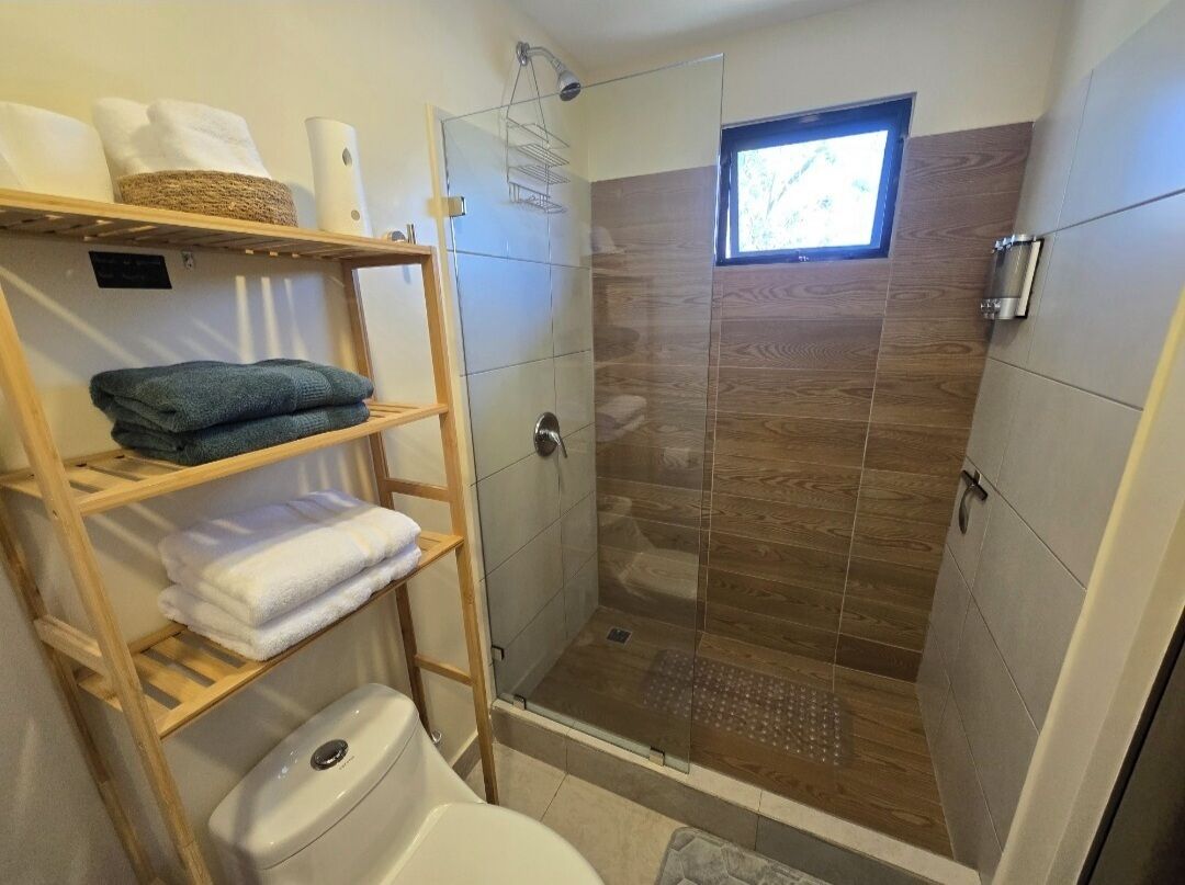 Ein Badezimmer mit Duschkabine aus Glas, Toilette und Ablagefläche für Handtücher.