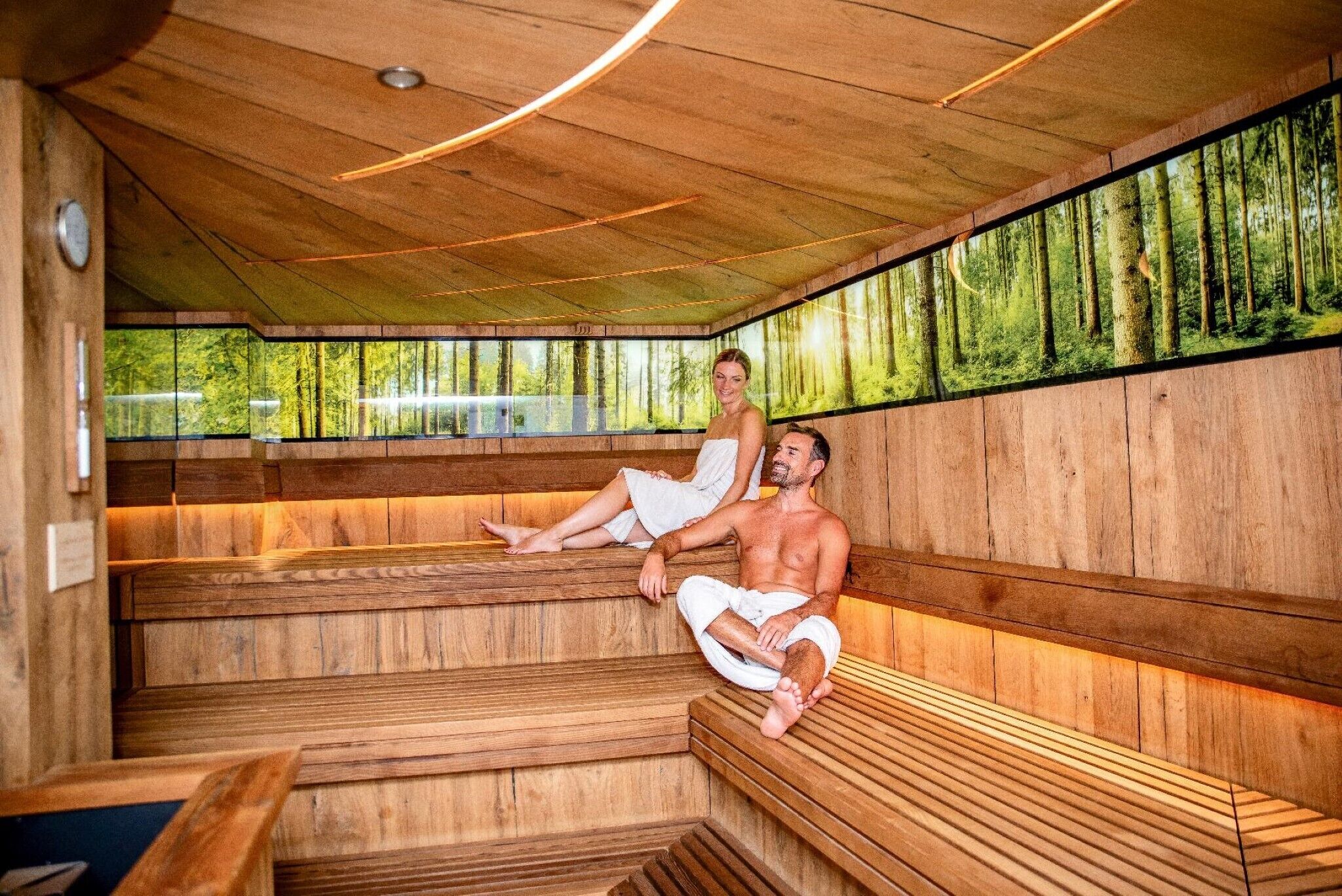 A sauna with wooden benches and a forest view through large windows.
