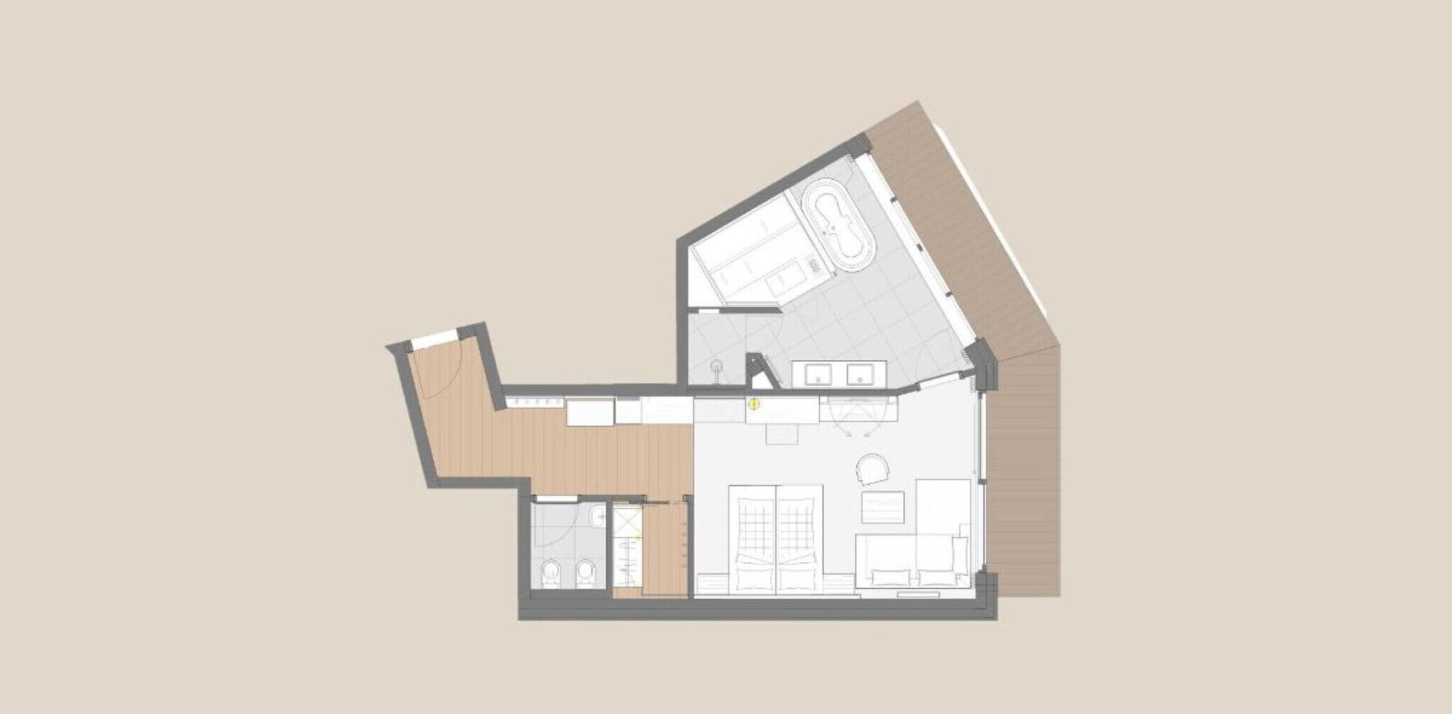 Plano de planta de una casa que incluye cocina, comedor, sala de estar y dos dormitorios.