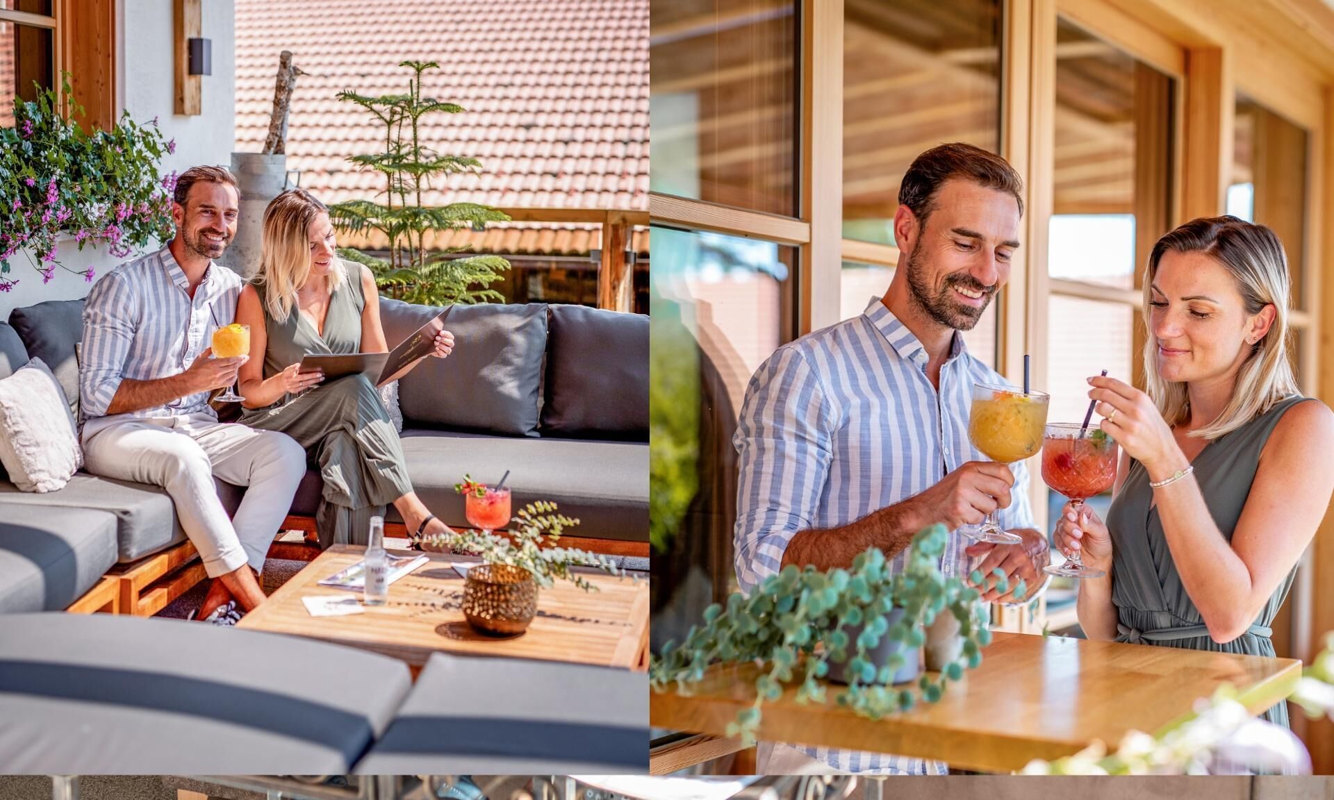 Un espacio moderno al aire libre con sillones y mesa, rodeado de plantas en macetas y una terraza de madera.