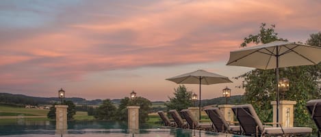 Outdoor pool, pool umbrellas, pool loungers