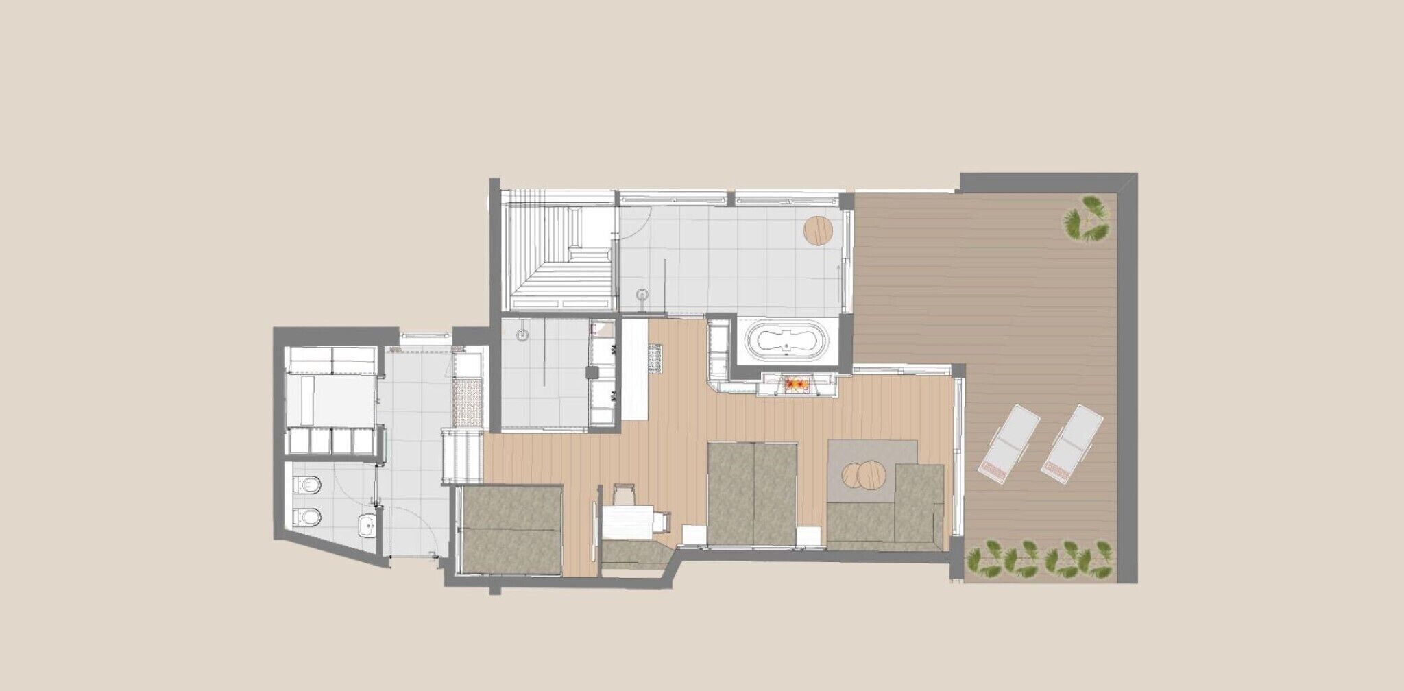 A floor plan of a hotel with a living area, kitchen, dining area, and two bedrooms.
