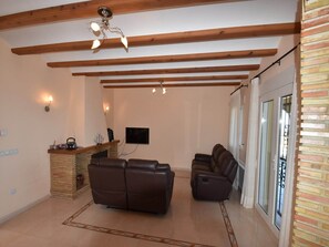 Télévision, cheminée, lecteur de DVD, chaîne hi-fi